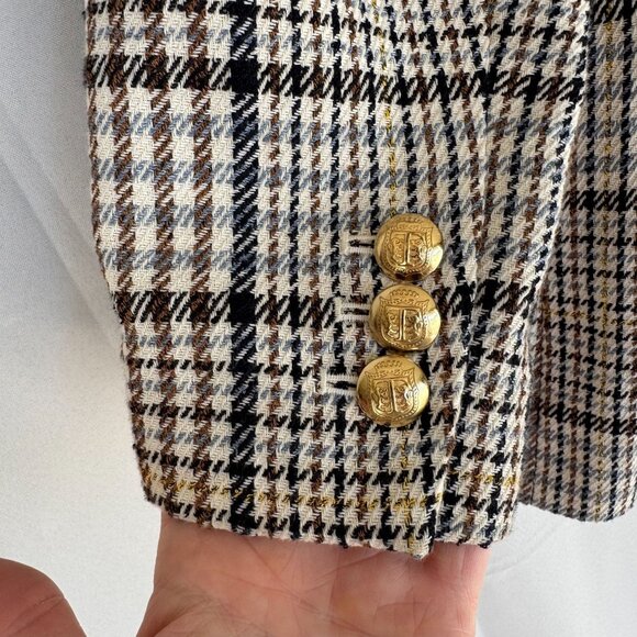 Talbots Petite Brown Ivory Blue Plaid Gold Double Breasted Blazer Size 16 Petite - Picture 8 of 15